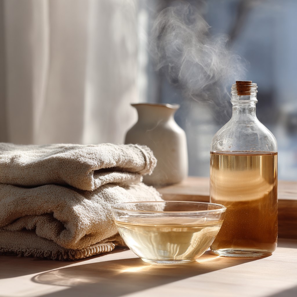 Apple cider vinegar placed beside a towel.