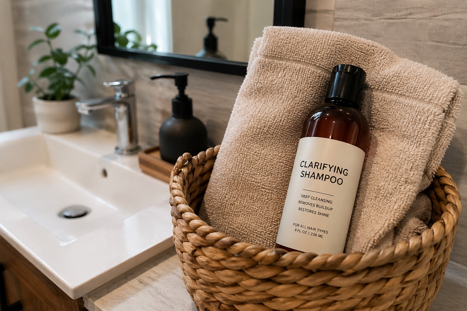shampoo and towel placed in a basket.