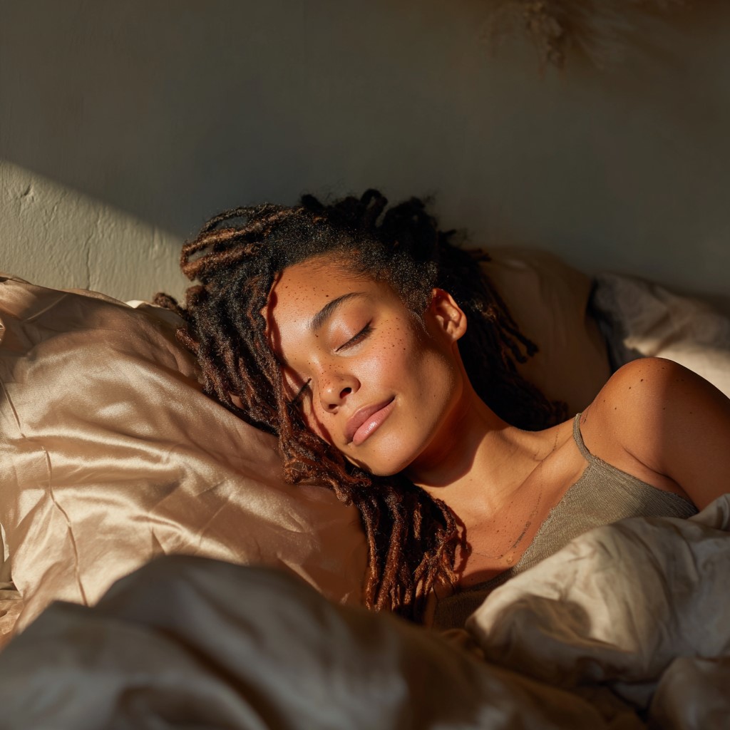 girl that is lying down and sleeping on her satin pillowcase.