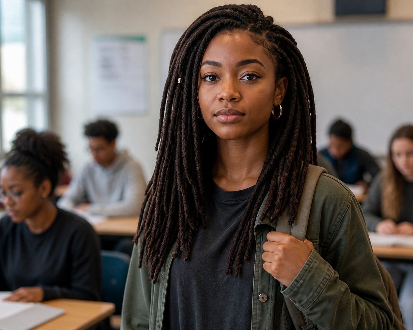 A young student with locs standing confidently in a classroom while others are blurred in the background.