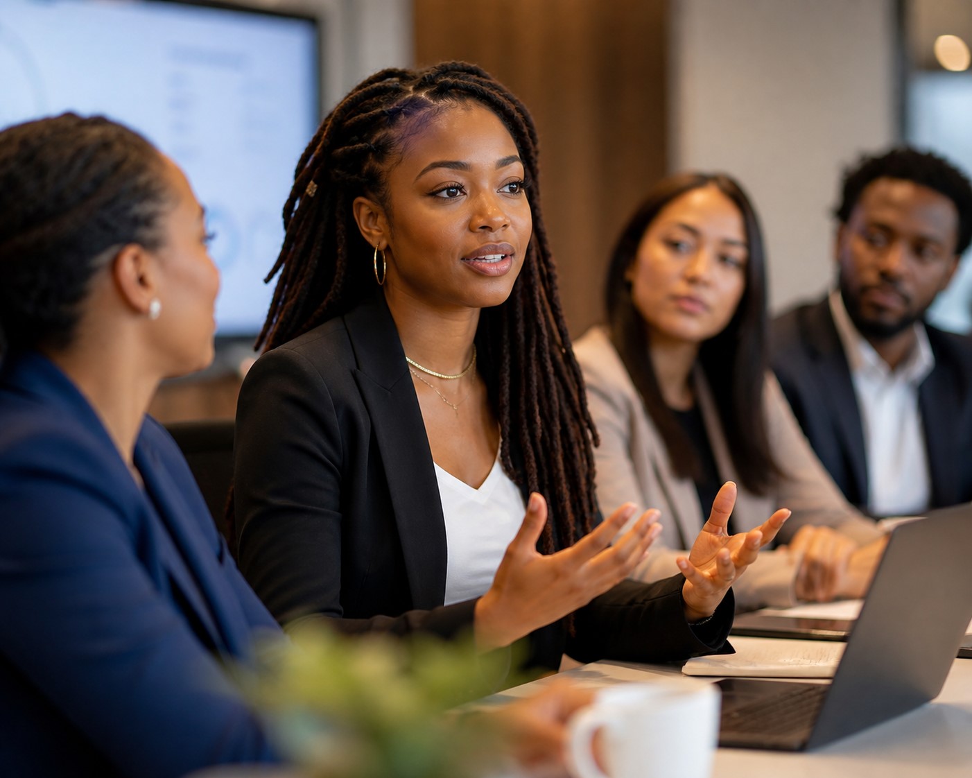Confident woman interacting in a board room