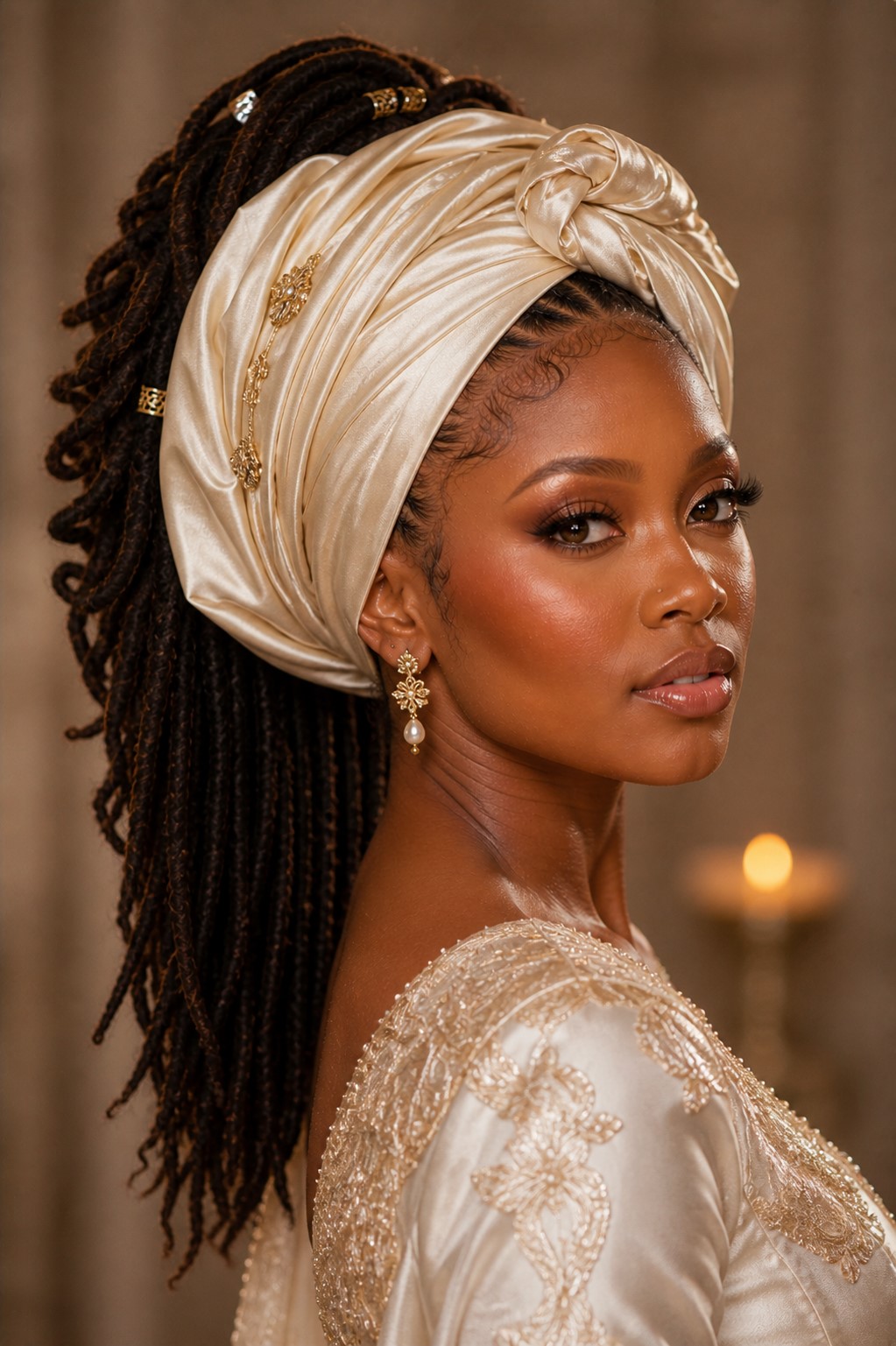 A cultural bride with her scarf tied around her locs.