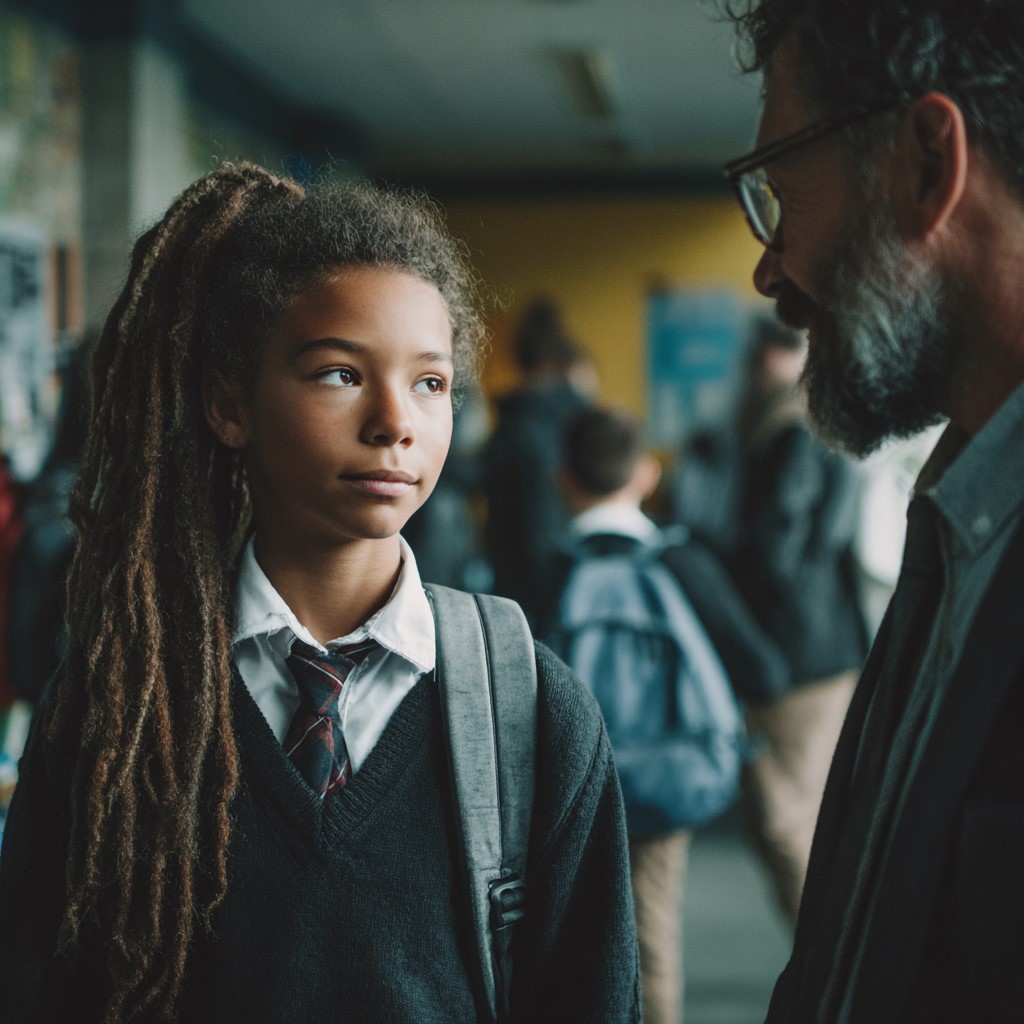 High school student talking to a teacher.